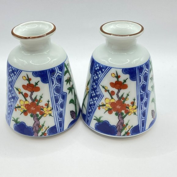 2 Floral Porcelain Japanese Flower Bud Vases Blue White Gold Toned Rim Small 4" - Picture 4 of 12